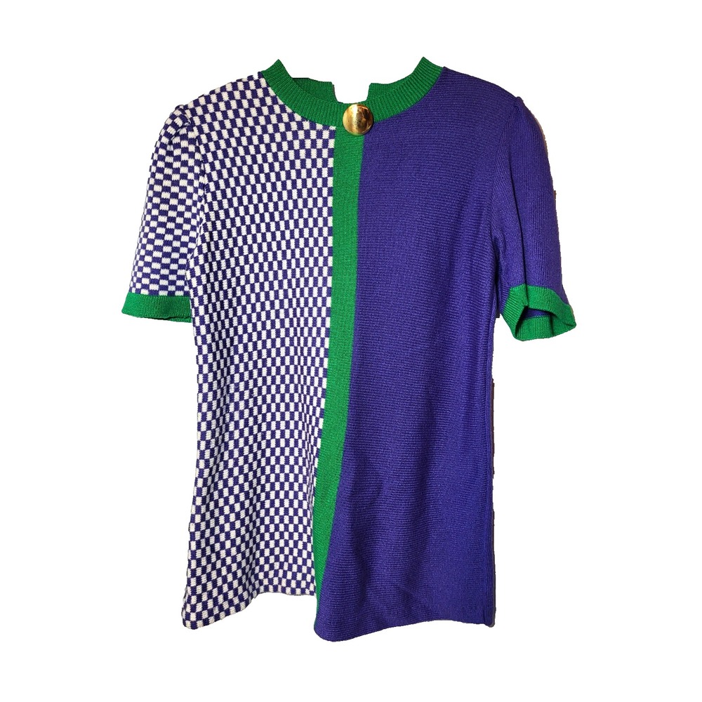 VTG AMI Neiman Marcus Bright Blue Solid/Check‎ Green Trim Keyhole Top USA Small